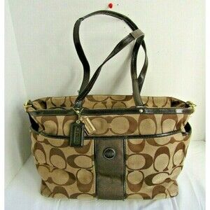 Authentic Coach 21865 Signature Stripe Brown Khaki Diaper Travel Weekender Bag